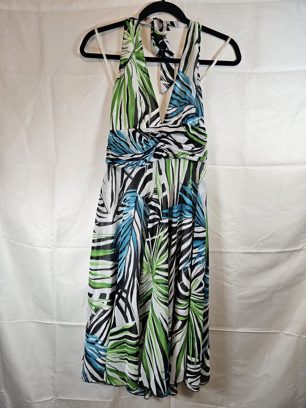 Vintage Y2K 2000s Esprit Green Blue Black and White Backless Halter Dress